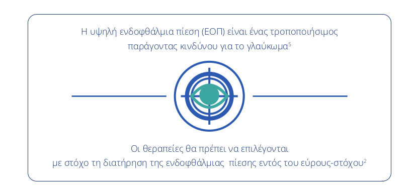 Η υψηλή ενδοφθάλμια πίεση (ΕΟΠ) είναι ένας τροποποιήσιμος παράγοντας κινδύνου για το γλαύκωμα.  Οι θεραπείες θα πρέπει να επιλέγονται με στόχο τη διατήρηση της ενδοφθάλμιας πίεσης εντός του εύρους-στόχου